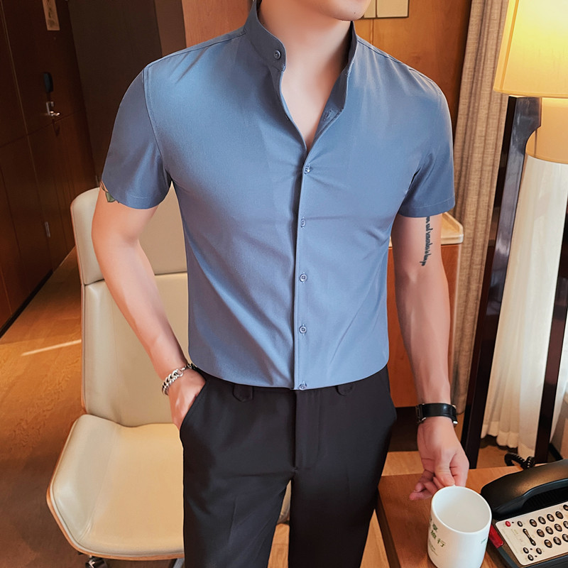 DX7882-P58短袖衬衫男士夏季潮流休闲帅气纯色修身帅气衬衣绿,男装T恤,电商B333