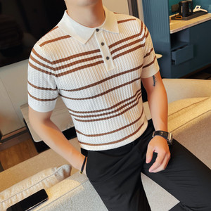 1222-P58男士针织短袖POLO衫夏季新款时尚百搭休闲翻领条纹体恤