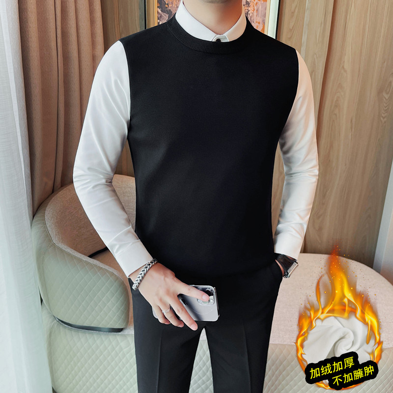 JR1320-P95加绒假两件毛衣男士衬衫领秋冬季新款男装高级针织衫,男装针织衫/毛衣,电商B333