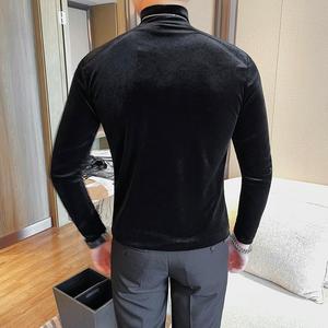 7922-P48 金丝绒拼皮半高领长袖体恤男士秋冬新款修身纯色打底衫图片