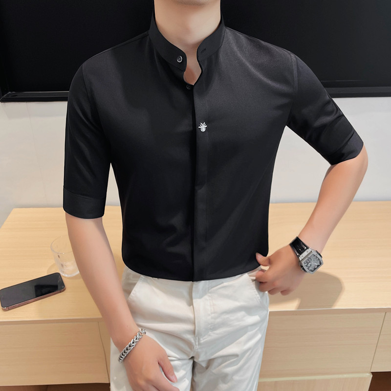 7139-P5888中袖刺绣衬衫男士夏季新款立领暗扣衬衣,男装衬衫,电商B333