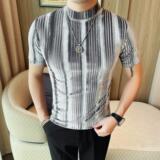 T2613-P38绒布条纹短袖体恤男士春夏新款弹力修身小中领半袖T恤，男装T恤，电商B333