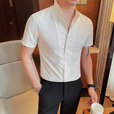 DX7882-P58短袖衬衫男士夏季潮流休闲帅气纯色修身帅气衬衣绿，男装T恤，电商B333