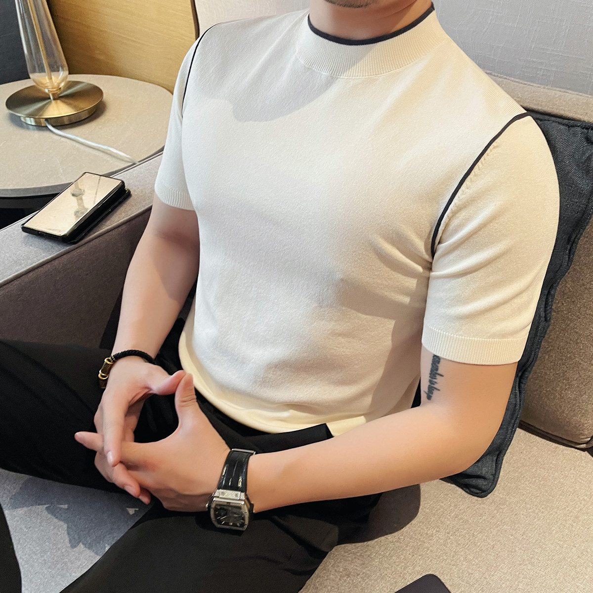 3776-P58针织短袖男士夏季线条设计感小众百搭休闲圆领简约T恤,男装T恤,电商B333
