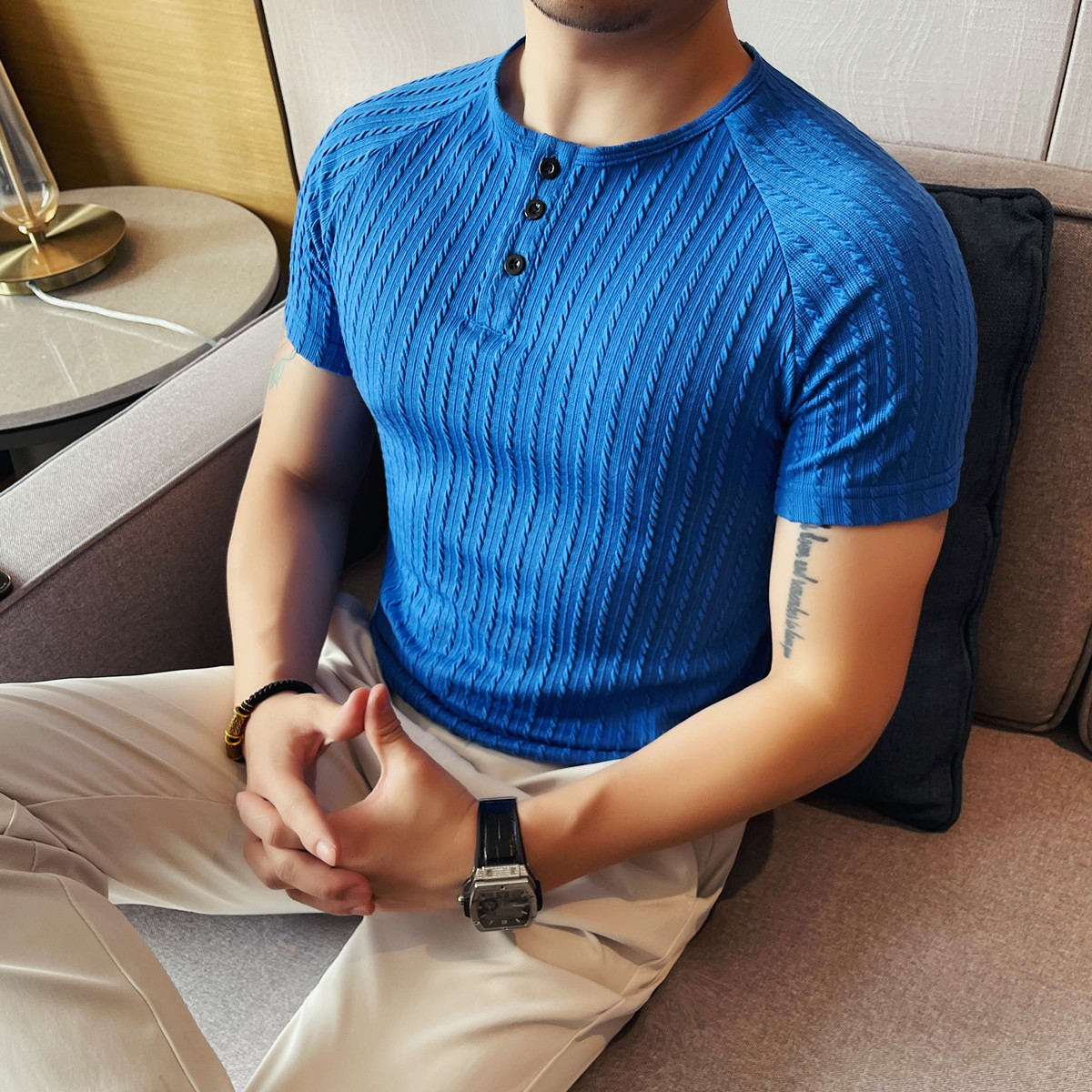 2617-P38条纹短袖POLO衫男士夏季修身无领半袖体恤,男装Polo衫,电商B333