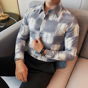 7998-P65 男士长袖衬衫秋季格子修身潮流休闲帅气衬衣图片