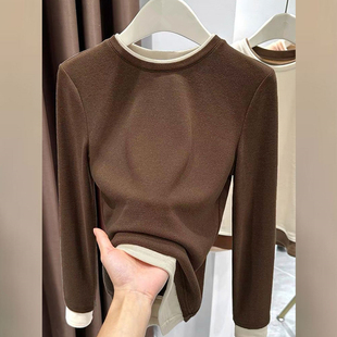 显瘦打底保暖上衣 T恤修身 秋冬款 设计感女德绒加厚假两件拼接长袖