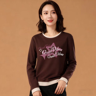 显瘦上衣 内搭修身 秋冬女德绒保暖圆领拼接长袖 T恤休闲百搭韩版