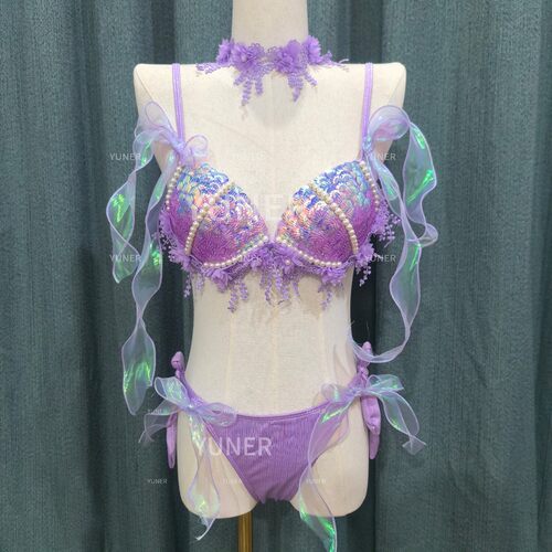 爱丽儿比基尼芸儿手工缝制比基尼亮片海洋馆表演演出服美人鱼泳衣