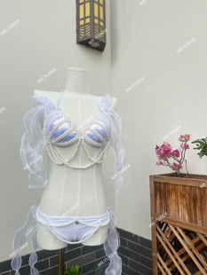 yuner泰國小胸純色聚攏女比基尼溫泉泳衣亮片三角系帶度假美人魚