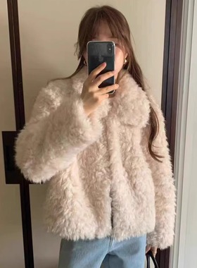 现货2025冬季新款韩国东大门OU*CE甜美温柔米色皮毛一体外套女