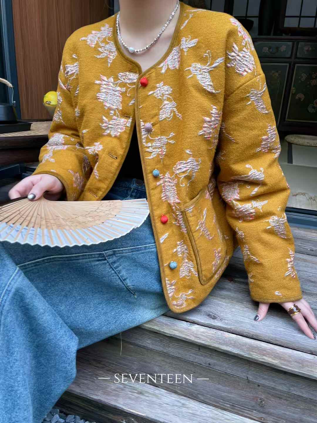 南油小众潮牌欧货25秋冬复古时尚百搭圆领提花国风加棉毛呢外套女