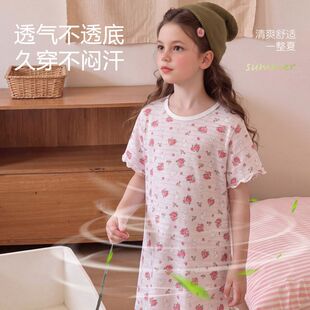 儿童睡裙连衣裙樱桃图案家居服短袖夏女童透气薄款棉竹节夏季韩版