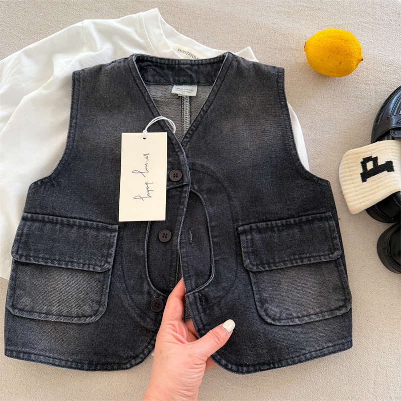 ins韩风马甲~2026春季新品男女儿童贴标牛仔马甲宝宝工装无袖衣潮,童装/婴儿装/亲子装,马甲,淘宝优惠券,粉丝福利购,淘宝优惠卷