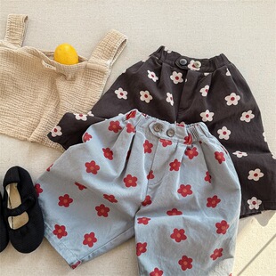 春夏小花朵~2026春夏装韩国女童棉布七分裤哈伦裤中裤休闲阔腿裤
