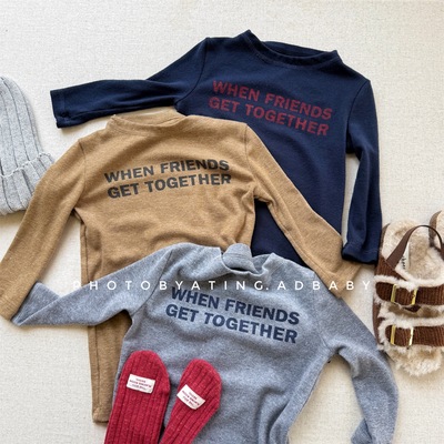 时髦字母中长衫~2025韩国儿童秋装男女宝宝长袖T恤简约软糯打底衫