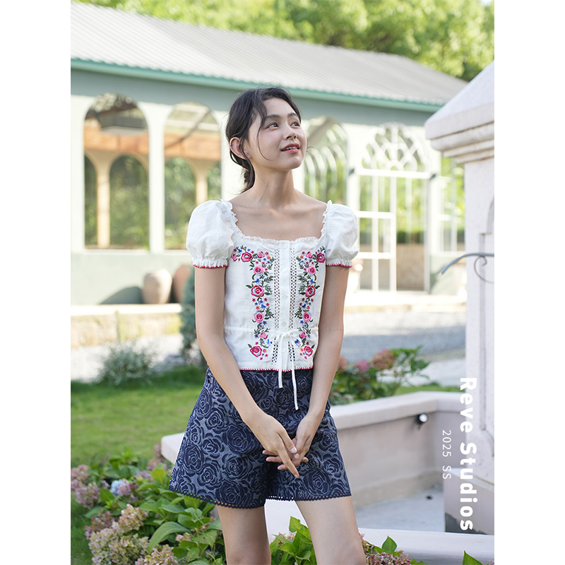 芮物revestudios/爱丽丝花园 天丝亚麻chao重工原创花朵刺绣衬衫