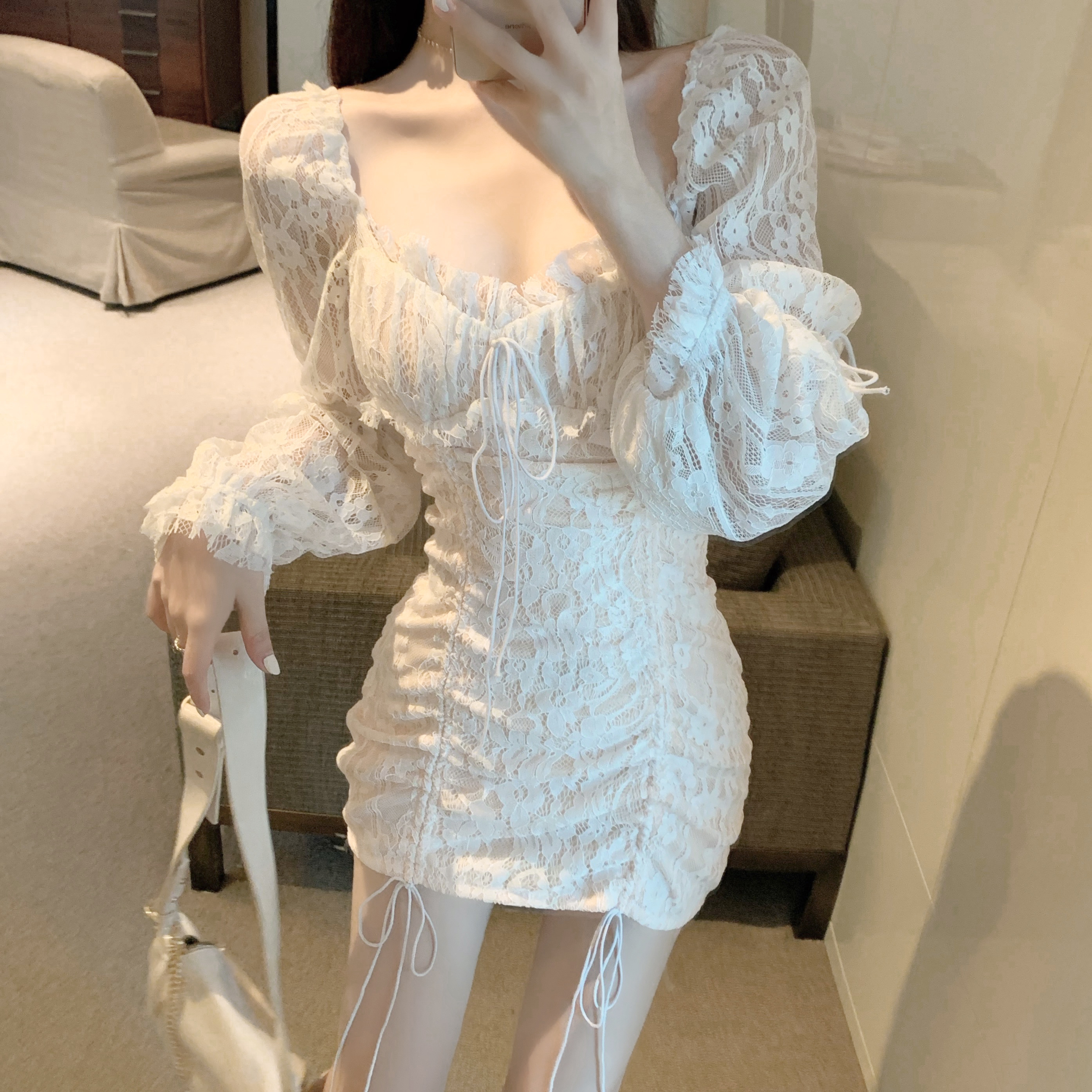 Real price New Style Sexy drawstring pleated lace dress