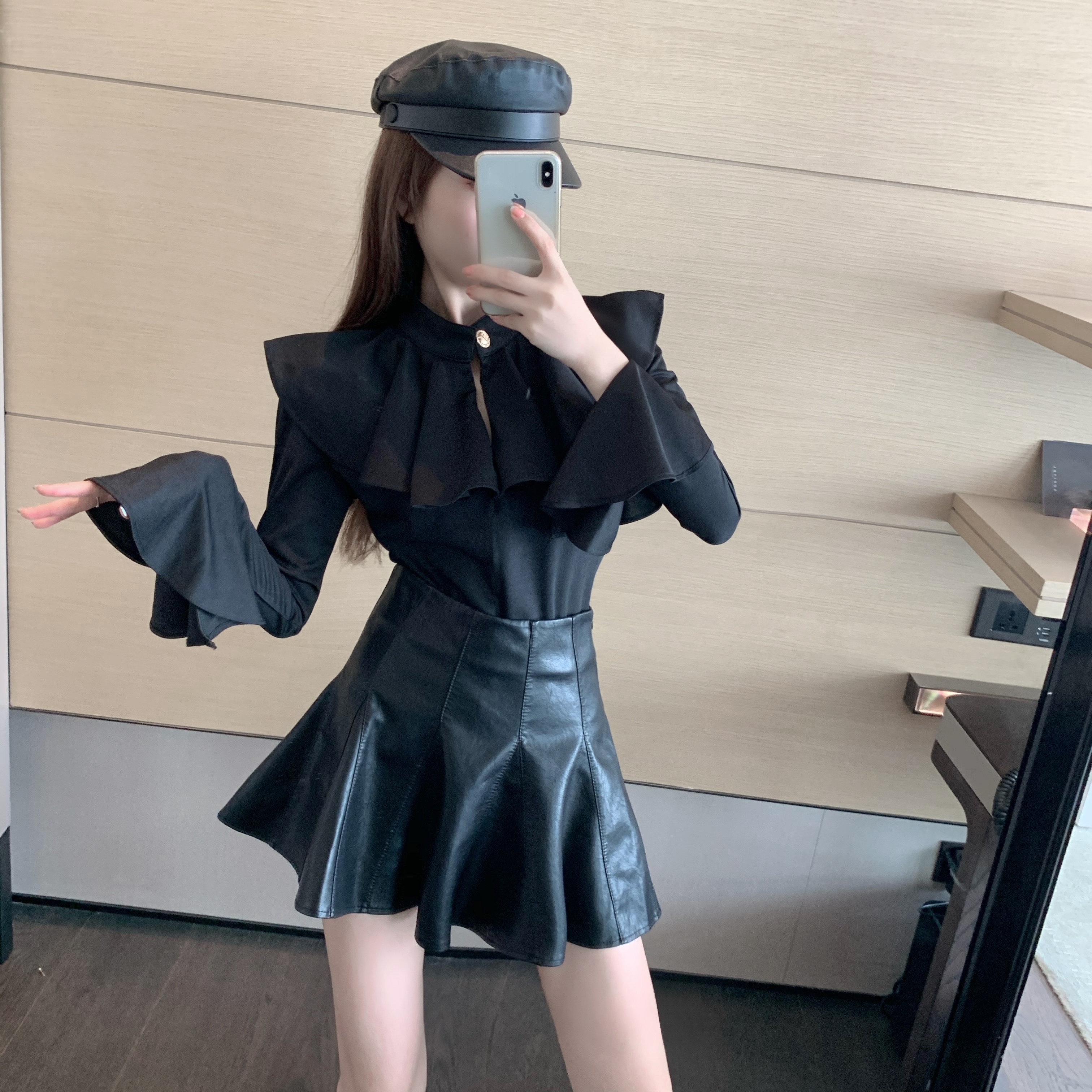 Real shot real price new design feeling Ruffle Top + high waist A-line pleated leather skirt suit