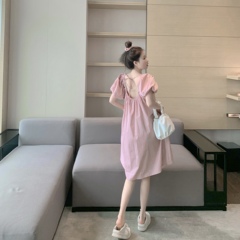 New style square neck open back pearl chain bubble sleeve dress