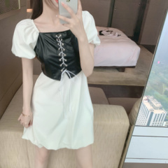 Real price fake two pieces PU leather black strap vest stitching playful retro flower bud dress