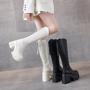 真皮12cm增高跟长靴女夏薄款透气2025新款镂空网靴高筒骑士靴显瘦