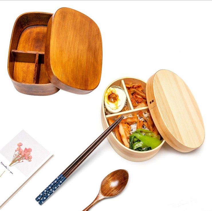 日式木质便当盒木盒子午餐盒学生复古木饭盒双层餐盒实木寿司盒