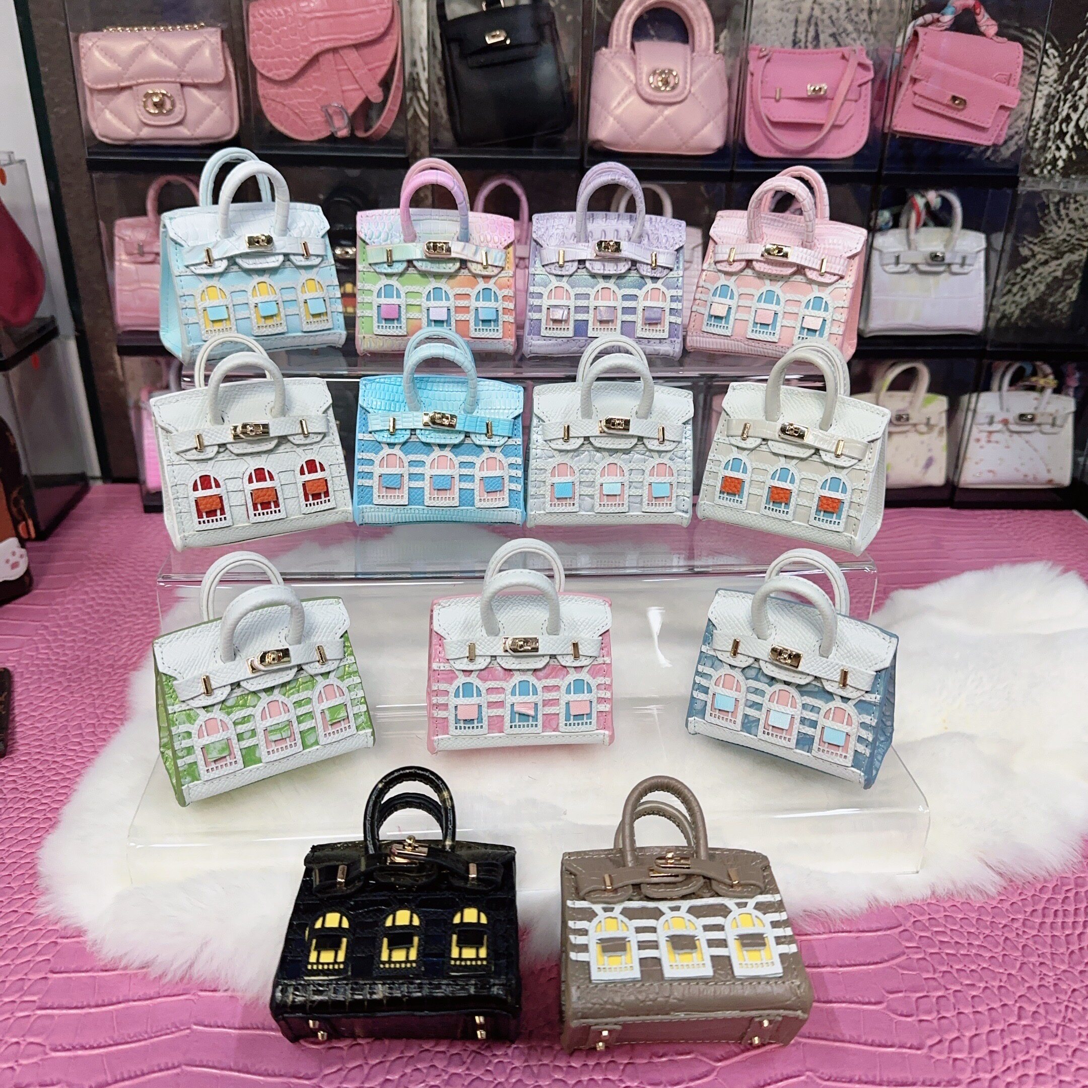 mini真皮小房子包鳄鱼纹铂金包挂件创意耳机包车挂件摆件可爱娃包