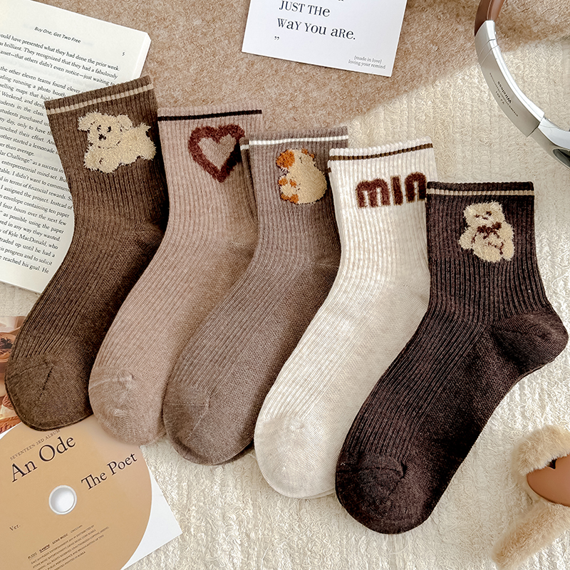 新款奶茶咖色系双针中筒袜女日系