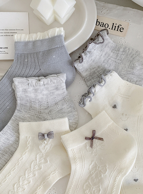 灰色饰品蝴蝶结夏季薄款绢感袜子女短袜竹纤维凉感网眼甜美公主袜