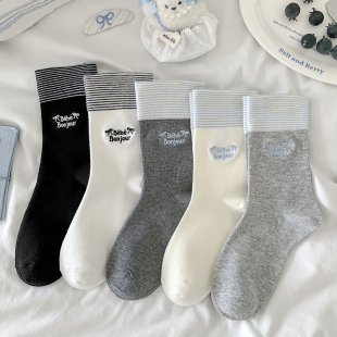 折叠翻边刺绣灰蓝袜子女春秋中筒袜韩版 ins潮长袜秋冬运动风透气