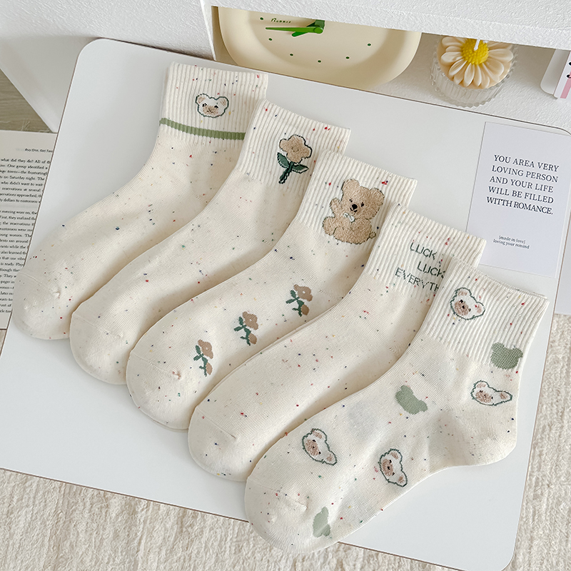 点点纱绿色小熊中筒袜秋冬纯棉女