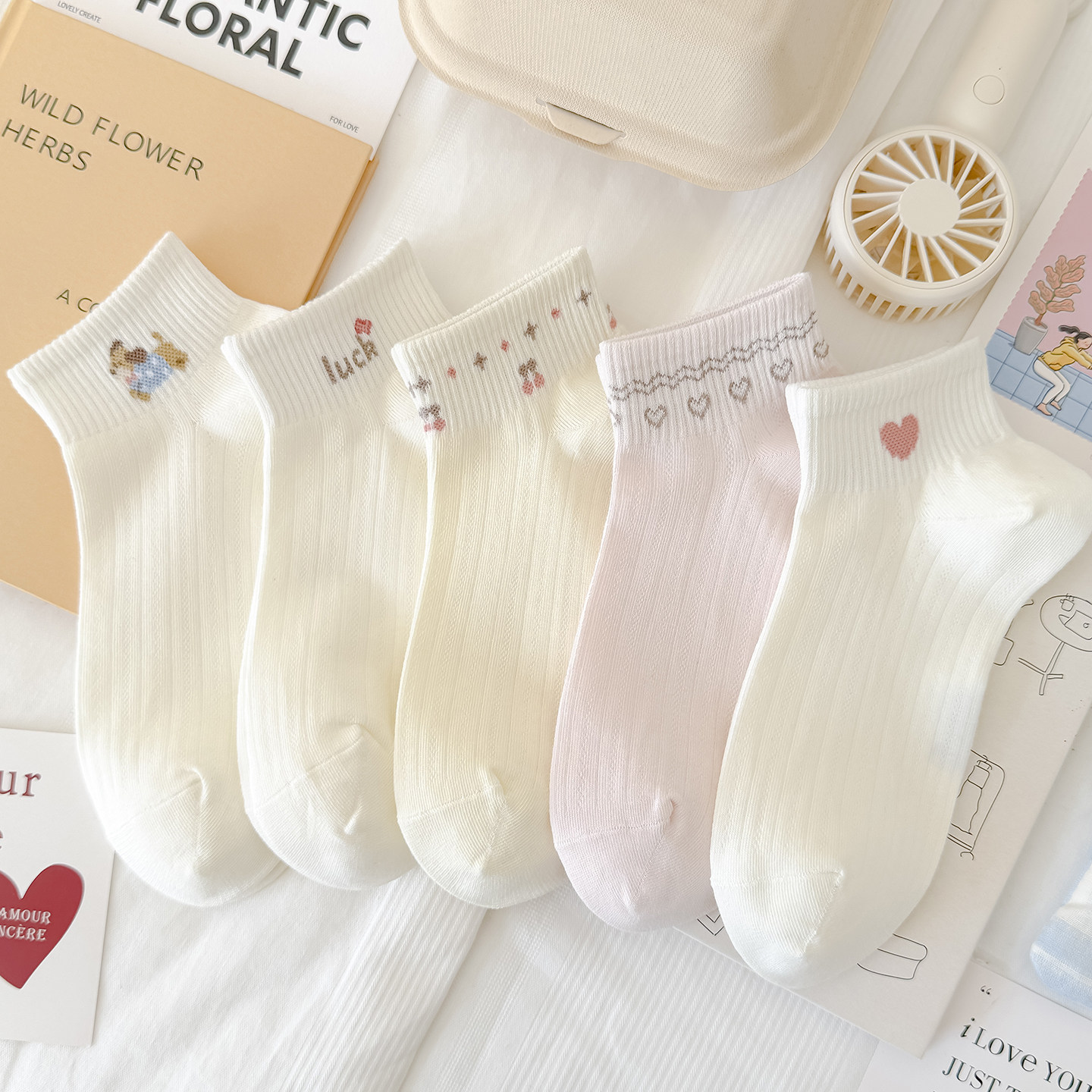 夏季薄款甜美爱心小狗袜子女短袜韩版ins潮奶白浅口空调船袜透气