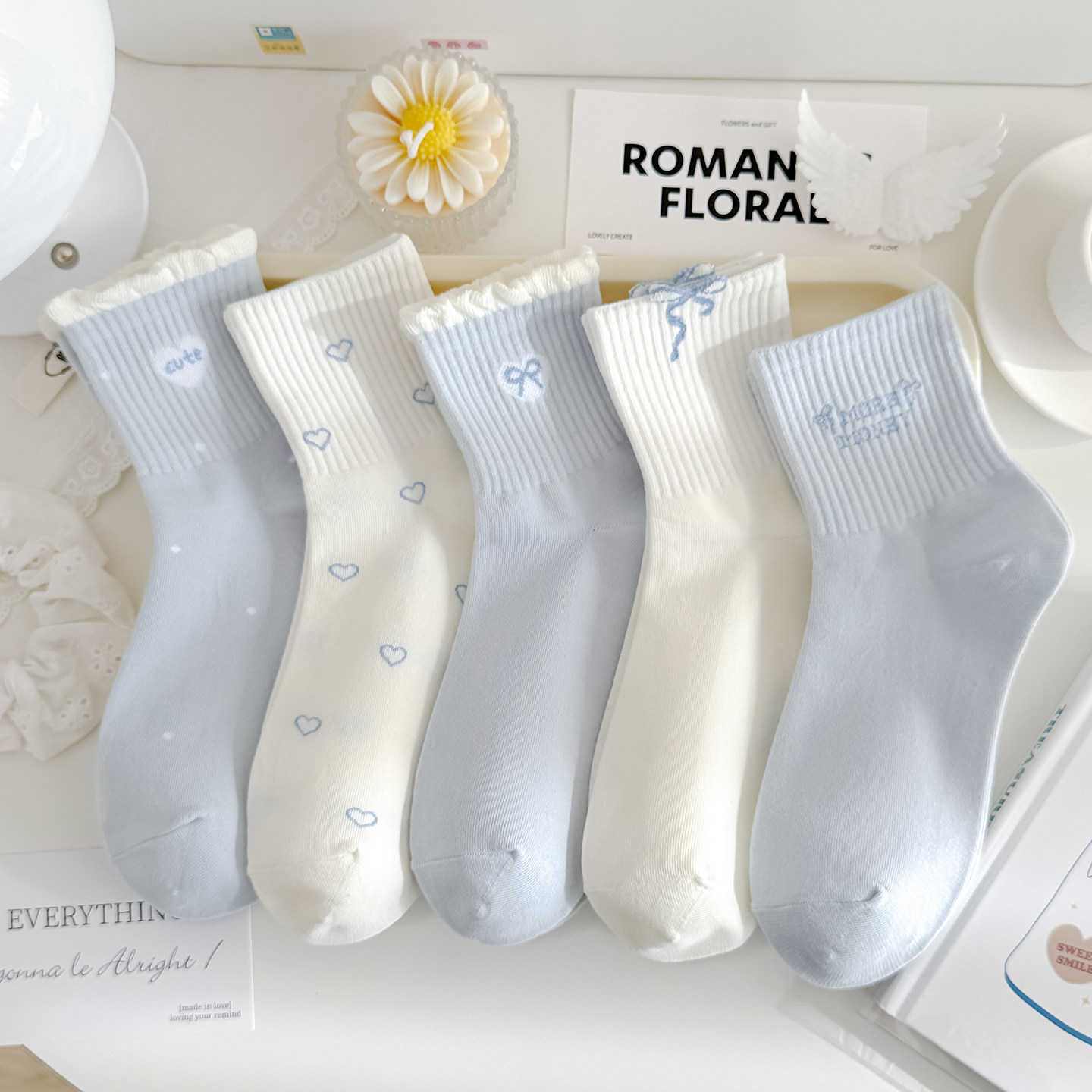 韩版ins潮蝴蝶结花边袜子女中筒