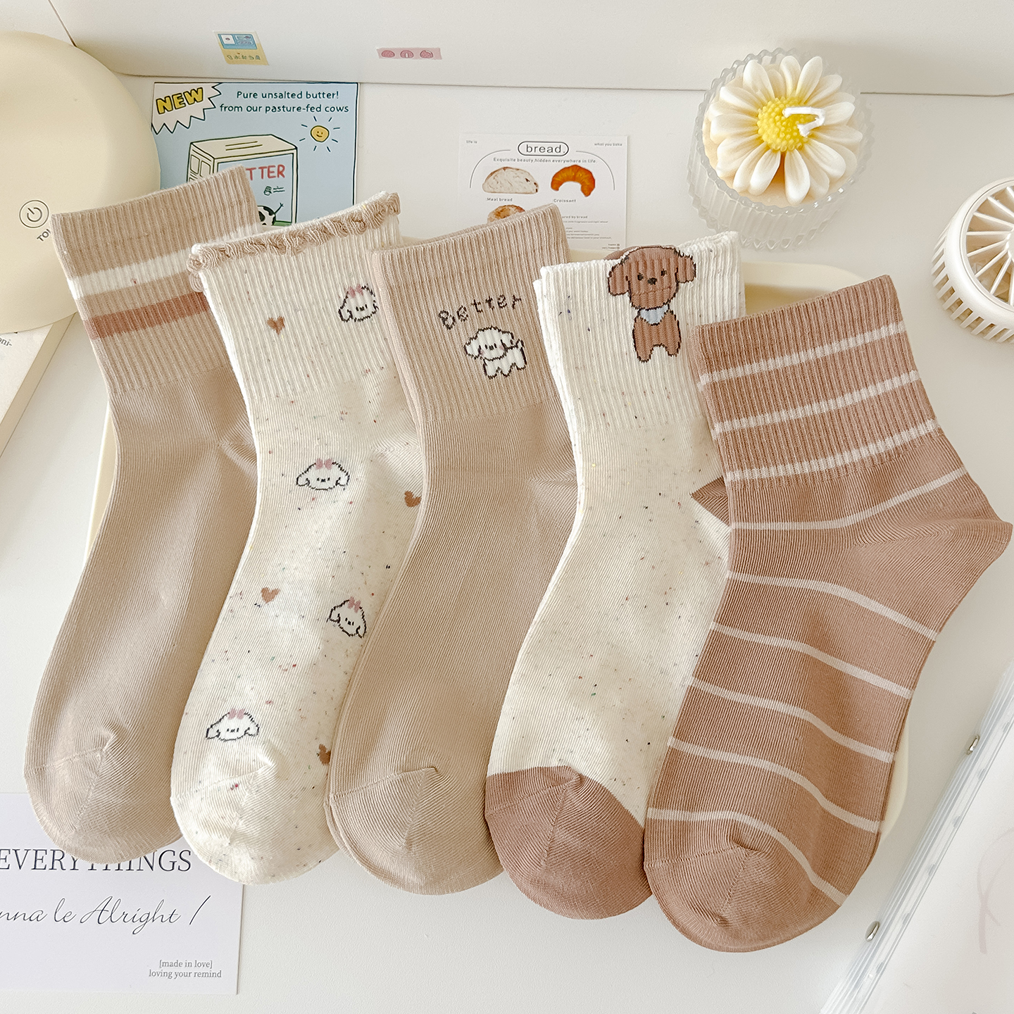 卡通中筒袜女韩版咖色纯棉运动风