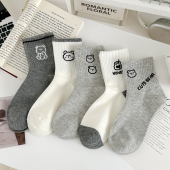 格雷系灰白小熊袜子女秋冬中筒袜棉袜卡通韩版 ins潮网红grey运动