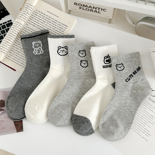 格雷系灰色小熊中筒袜秋冬棉袜女