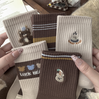 无骨秋冬咖色小熊中长袜纯棉运动