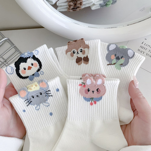 春夏网面Q萌小动物白色女中筒袜