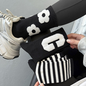 黑色秋冬袜子女中筒袜棉袜外穿配鲨鱼裤 条纹运动韩版 植绒高筒长袜