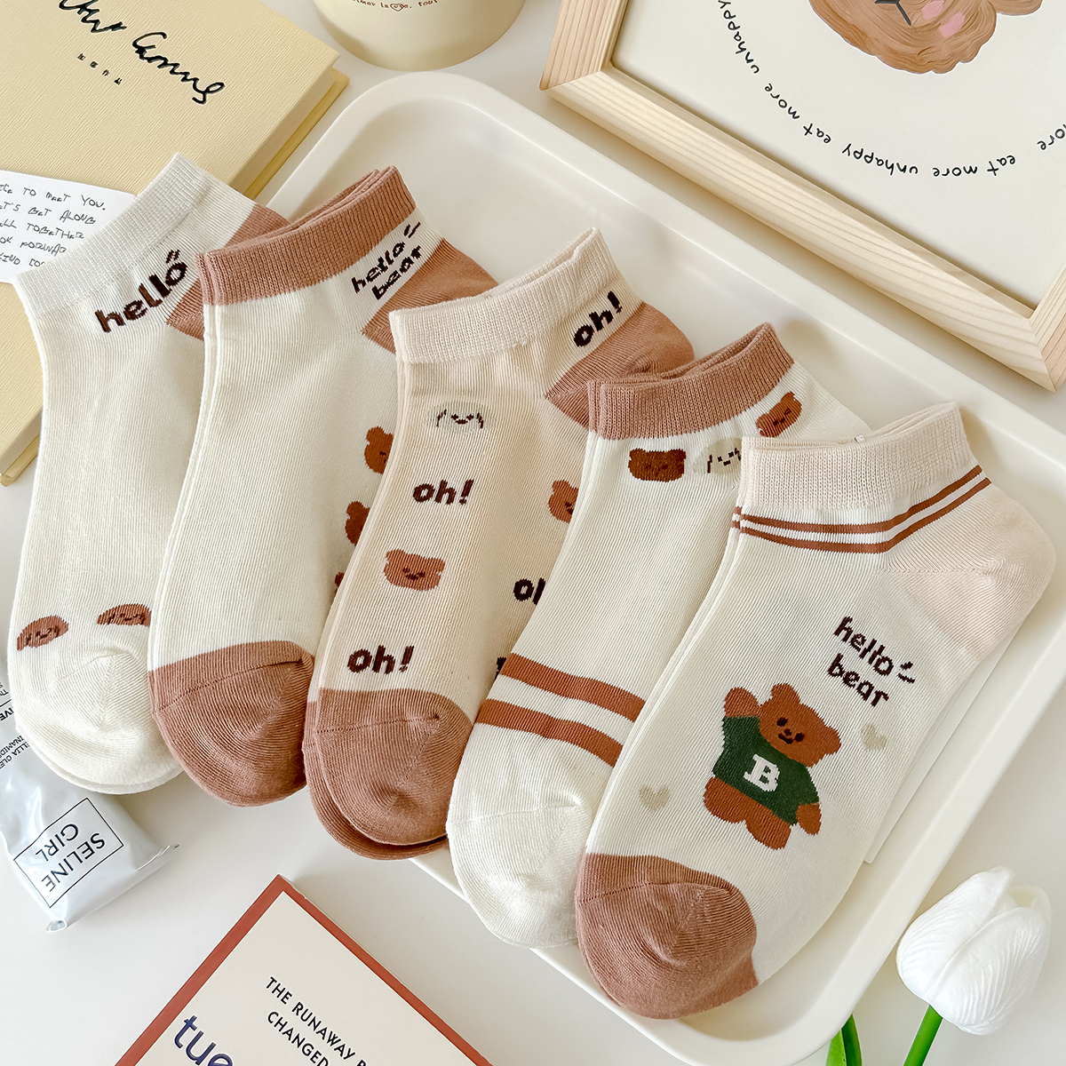 小熊卡通浅口短筒船袜女春秋夏