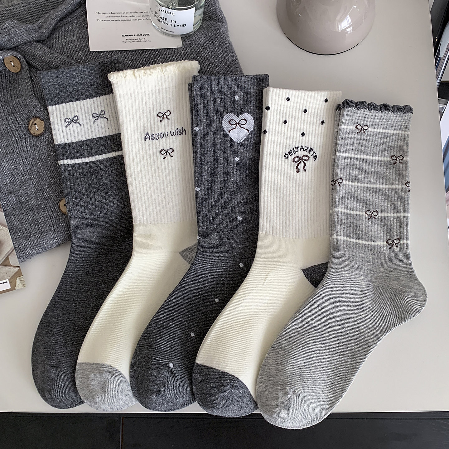 无骨灰色系蝴蝶结长筒袜女纯棉