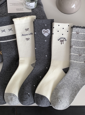无骨灰色系高筒蝴蝶结袜子女韩版ins潮精梳棉中筒袜秋冬新款长袜