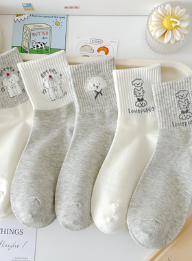 灰色毛绒小狗袜子女春秋中筒袜韩版卡通精梳棉透气运动风白色秋冬