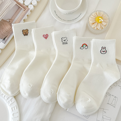 5双运动风中筒小白袜纯棉女生袜