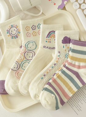 紫色笑脸袜子女秋季棉袜中筒袜韩版ins潮卡通春秋运动风女生秋冬