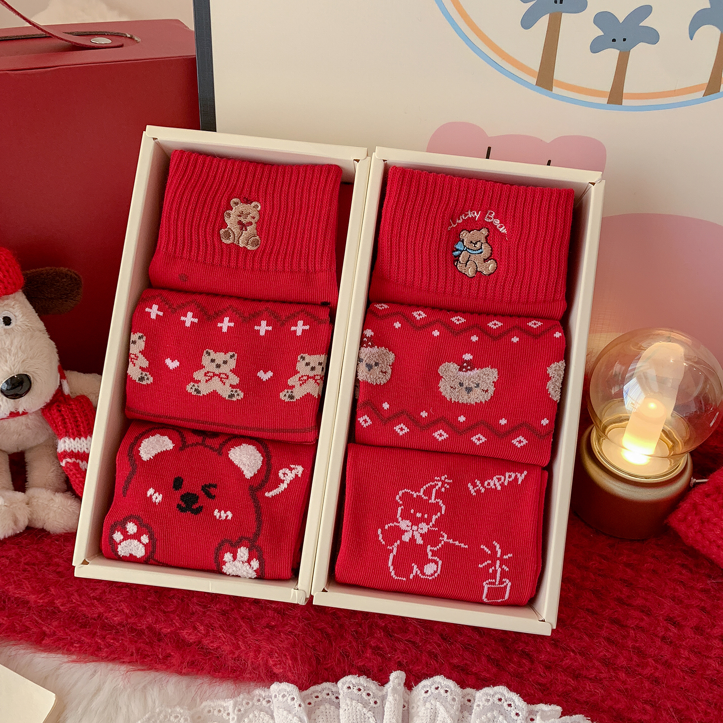小熊礼盒直板红袜本命年中筒袜女