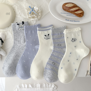 蓝灰可爱小狗袜子女中筒袜春秋ins潮精梳棉卡通秋冬新款 甜美女生