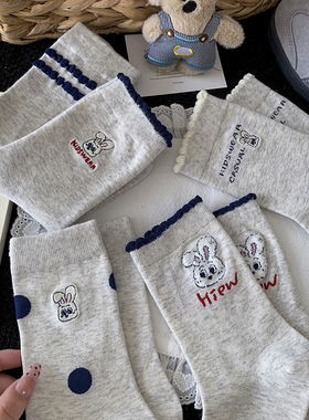 刺绣立耳兔灰色袜子女长筒袜秋冬精梳棉ins潮春秋蓝色花边中筒袜