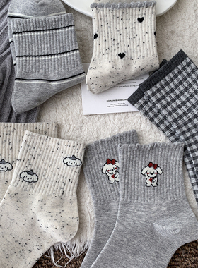 灰色格子小狗秋冬袜子女中筒袜韩版卡通ins潮春秋新款条纹运动风